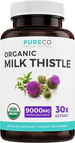 USDA Organic Milk Thistle Capsules - 80% Silymarin - 9,000mg of Milk Thistle Seed Extract - Supports Liver Cleanse, Liver Detox, & Liver Health - Vegan Supplement - 2 Month Supply - 60 Pills (No Oil)