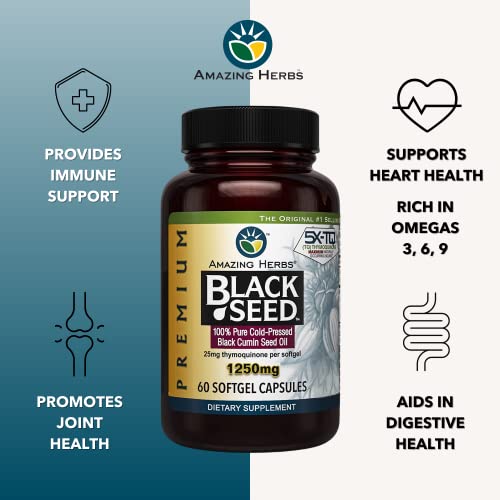 Amazing Herbs Premium Black Seed Oil Capsules - 1250mg per Capsule, High Potency, Cold Pressed Nigella Sativa Aids in Digestive Health, Immune Support & Brain Function - 60 Count, 1250mg