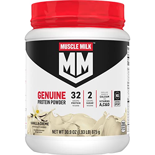 Muscle Milk Genuine Protein Powder, Vanilla Crème, 1.93 Pounds, 12 Servings, 32g Protein, 2g Sugar, Calcium, Vitamins A, C & D, NSF Certified for Sport, Energizing Snack, Packaging May Vary