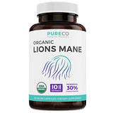 USDA Organic Lions Mane Capsules - 10:1 Extract Equals 10,000mg of Lion’s Mane Mushroom - Powerful 30% Polysaccharides - for Energy, Memory and Focus Supplement - 60 Vegan Capsules (No Pills/Powder)