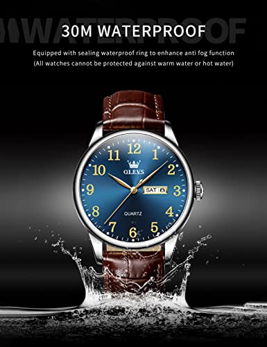 OLEVS Brown Men Watches Blue Big Dial Leather Analog Mens Watch Casual Luminous Easy Reader Watches for Elderly Three Hands Dress Watch Day and Date Impermeable Male Watch for Fathers Gifts