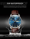 OLEVS Brown Men Watches Blue Big Dial Leather Analog Mens Watch Casual Luminous Easy Reader Watches for Elderly Three Hands Dress Watch Day and Date Impermeable Male Watch for Fathers Gifts