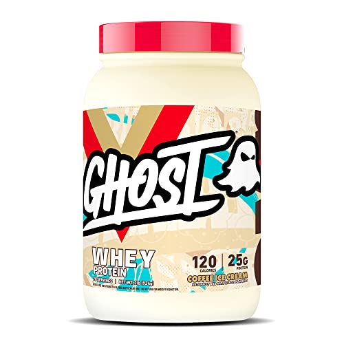 GHOST Whey Protein Powder, Coffee Ice Cream - 2LB Tub, 25G of Protein - Flavored Isolate, Concentrate & Hydrolyzed Whey Protein Blend - Post Workout Shakes - Soy & Gluten Free