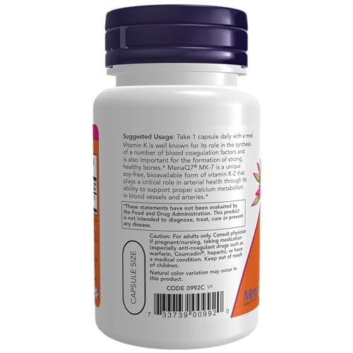 NOW Supplements, MK-7 Vitamin K-2 100 mcg, Cardiovascular Support*, Supports Bone Health*, 60 Veg Capsules