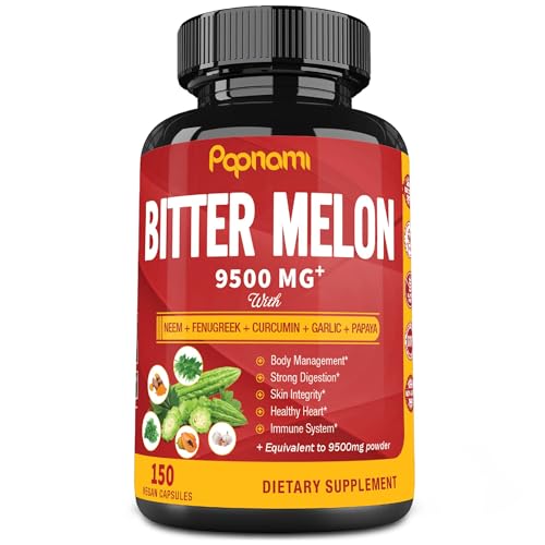 Organic Bitter Melon Extract Capsules - 9500mg Combined Neem, Fenugreek, Curcumin, Garlic & Papaya - 150 Count for 5 Months - Supports Body, Digestive, Skin, Immune & Overall Wellness