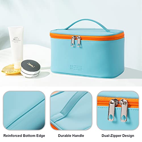 Makeup Bag Portable Travel Cosmetic Bag for Women, Beauty Zipper Makeup Organizer PU Leather Washable Waterproof (Light Blue)