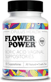 Flower Power Vegan Boric Acid Suppositories - 30 Capsules - 600mg for Vaginal Odor and pH Balance - Made in USA