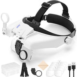 GUOUBUO Headband Magnifying Glasses with Light, 1X-14X Magnifying Glass with Detachable Headstrap, Rechargeable Headset Magnifier, 7 Replaceable Lens Visor Head Mount Magnifying Glasses for Close Work