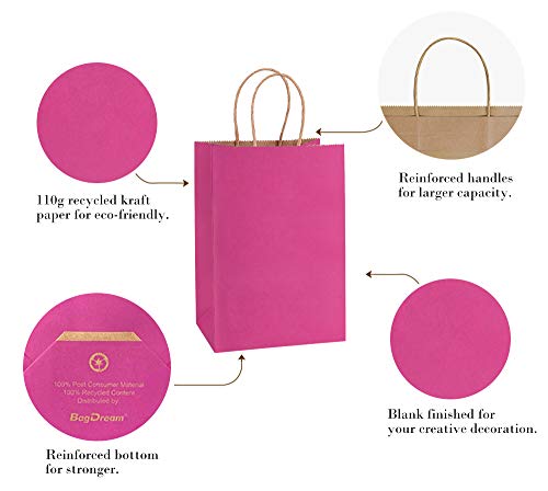 BagDream Kraft Paper Bags 100Pcs 5.25x3.75x8 Inches Small Paper Gift Bags with Handles Bulk, Paper Shopping Bags, Kraft Bags, Party Bags, Pink Gift Bags