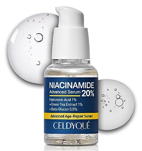 CELDYQUE Niacinamide Advanced 20% Face Vegan Serum w/Vitamin B3 Green Tea Beta-Glucan Damask Rose 63% No-Scent Even Skin Tone Minimize Pores Plump Fine Lines