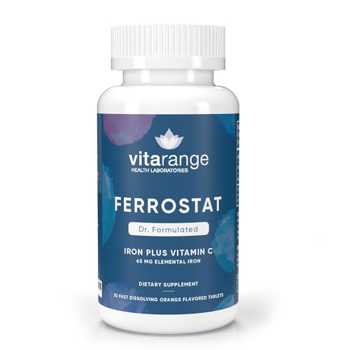 Ferrostat 65mg Chewable Iron Supplement with Vitamin C for Bariatric Patients –30-Day Supply of Bariatric Multivitamin with Iron – Non-Constipating Gentle Vegan Iron Supplements - Orange