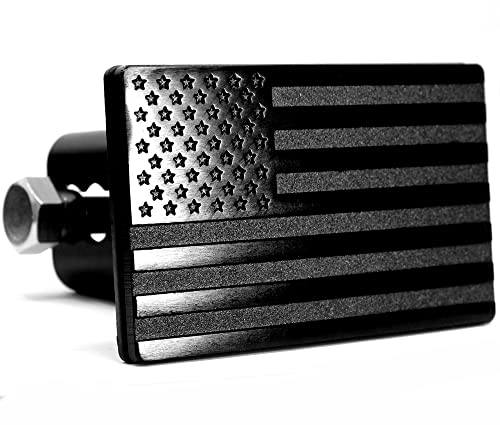 MULL USA Flag Metal Trailer Hitch Cover with Anti-Rattle Locking Pin (Fits 2" Receivers, Black)