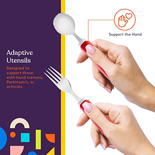 Special Supplies Adaptive Utensils 5-Piece Set Non-Weighted, Non-Slip Handles for Hand Tremors, Arthritis, Parkinson’s or Elderly Use - Stainless Steel Knife, Rocker Knife, Fork, Spoons - Red