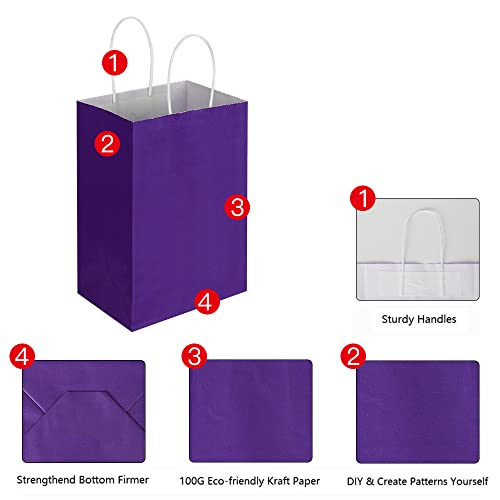 Oikss 100 Pack 5.25x3.25x8.25 inch Small Kraft Bags with Handles Bulk, Paper Bags Birthday Wedding Party Favors Grocery Retail Shopping Business Goody Craft Gift Bags Cub Sacks (Purple 100PCS Count)