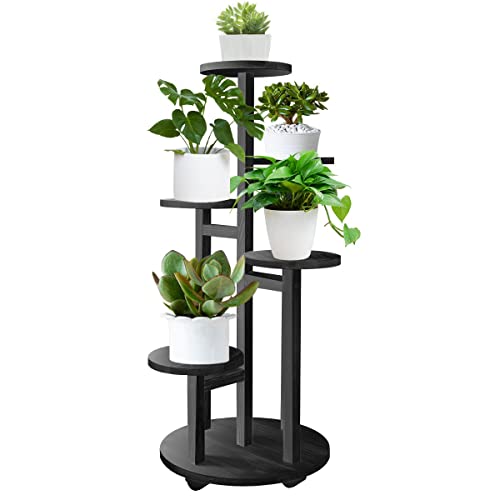 GEEBOBO 5 Tiered Tall Plant Stand for Indoor, Wood Plant Shelf Corner Display Rack, Multi-tier Planter Pot Holder Flower Stand for Living Room Balcony Garden Patio (Black)