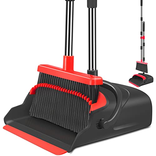 kelamayi Broom and Dustpan Set for Home，Broom and Dustpan Set, Broom Dustpan Set, Broom and Dustpan Combo for Office, Indoor&Outdoor Sweeping, Stand Up Broom and Dustpan (Black&Red)