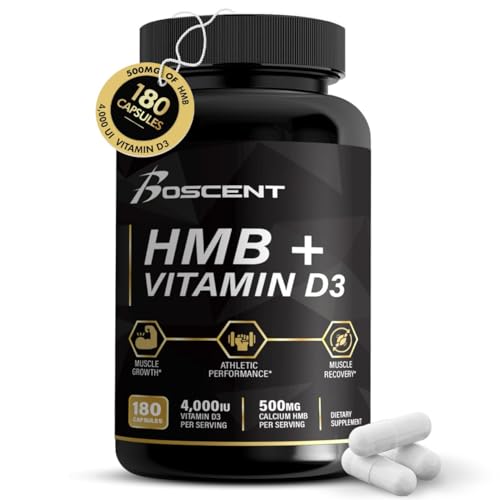 BOSCENT HMB and Vitamin D3 Supplement - 1,000 MG HMB Supplements with 4,000 UI of D3 and Calcium for Muscle Growth, Strength, and Recovery. B-Hydroxy B-Methylbutyrate Butyrate, 180 Capsules (3 Month)
