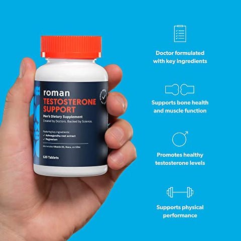 ROMAN Testosterone Support | Men's Daily Nutritional Supplement with Ashwagandha to Support Healthy T-Levels & Magnesium to Support Muscle Health | 30-Day Supply (120 Tablets)