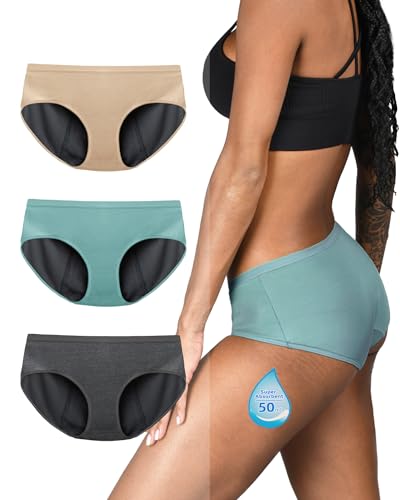 TIICHOO Period Underwear Heavy Flow Silky Absorbent Period Panties Women Teen Menstrual Underwear 3 Pack (Medium, Turquoise/Beige/Charcoal Gray)