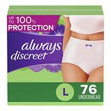 Always Discreet Adult Incontinence Underwear for Women and Postpartum Underwear, up to 100% Bladder Leak Protection, L Maximum, 76 Count