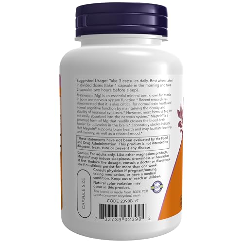 NOW Supplements, Magtein™ with patented form of Magnesium (Mg), Cognitive Support*, 90 Veg Capsules