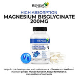 Renew Actives Magnesium Glycinate Supplement: 200 mg Magnesium Bisglycinate - Natural Elemental Support for Heart Muscle Function, Energy Metabolism & Tissue Formation. - 120 Capsules