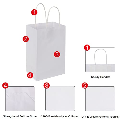 Oikss 100 Pack 5.25x3.25x8.25 Inch Small Kraft Bags with Handles Bulk, Paper Bags Birthday Wedding Party Favors Grocery Retail Shopping Business Goody Craft Gift Bags Cub Sacks (White 100PCS Count)