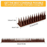 12 Pack of Bird Spikes - Covers 204" Plastic Bird Deterrent Spikes - Bird Deterrent Spikes Keep Pigeons, Squirrels, Raccoons, Cats, Crows Away - Anti-Bird Spike Guards for railings and Roofs (Brown)