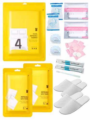 Extguds Disposable Travel Set : Bed Sheet×1+Duvet Cover×1+Pillow case×2+Bath Towels×2+Shower Caps×2+Plastic Bathtub Bag×2+Toilet Seat Covers×2+Compression face Towel×8+Toothbrushes×2+Slippers×2