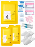 Extguds Disposable Travel Set : Bed Sheet×1+Duvet Cover×1+Pillow case×2+Bath Towels×2+Shower Caps×2+Plastic Bathtub Bag×2+Toilet Seat Covers×2+Compression face Towel×8+Toothbrushes×2+Slippers×2