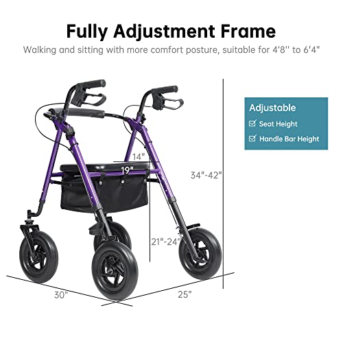 ELENKER All-Terrain Rollator Walker with 10” Rubber Wheels, Padded Sea ...