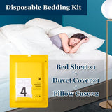 Extguds Disposable Travel Set : Bed Sheet×1+Duvet Cover×1+Pillow case×2+Bath Towels×2+Shower Caps×2+Plastic Bathtub Bag×2+Toilet Seat Covers×2+Compression face Towel×8+Toothbrushes×2+Slippers×2