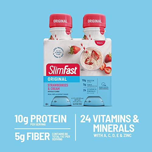 SlimFast Meal Replacement Shake, Original Strawberries & Cream, 10g of Ready to Drink Protein, 11 Fl. Oz Bottle, 4 Count (Pack of 3) (Packaging May Vary)