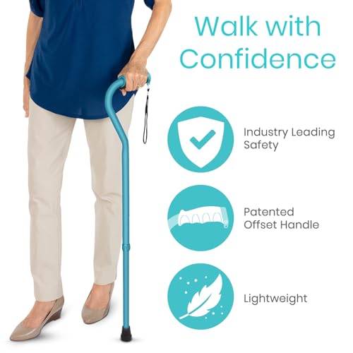 Vive Walking Cane for Women, Men, Elderly - Patented Offset Grip - Lightweight Adjustable Walking Aid with a Non-Slip Tip - Sturdy Balancing Mobility Aid for Seniors, Supports Up to 250lbs (Teal)