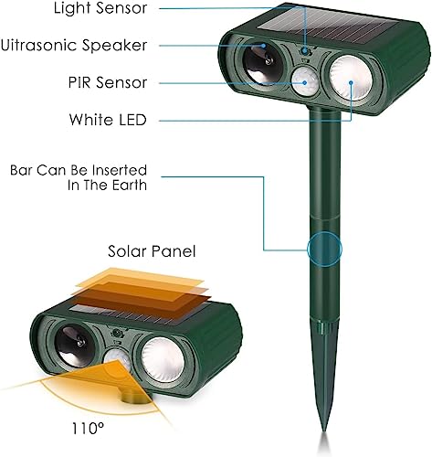 Animal Repellent Solar Powered Ultrasonic Animal Repellent Motion Sensor and Flashing Light Outdoor Weatherproof Farm Garden Lawn for Cat Dog Coyote Bird Skunk Snake Raccoon Rabbit Squirrel