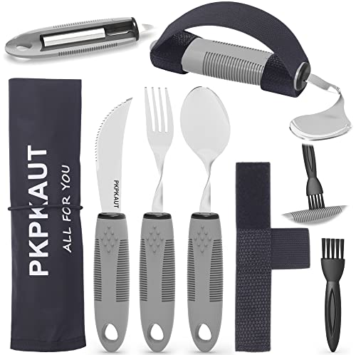 PKPKAUT Weighted Parkinsons Utensils for Hand Tremors, Weighted Silverware for Parkinsons Patients Arthritic Hands, Built Up Utensils for Adults, Adaptive Eating Utensils for Disabled People Elderly