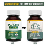 Organic Plant D3 + K2 | 5000 iu D3 + 120 mcg K2 as All-Trans MK7 from MenaQ7® - 100% Whole Food, Raw & Vegan | Enhanced Digestion with Prebiotic & Superfood Complex – D3 from Organic Algae (60 Count)