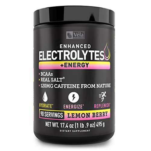 Véla Electrolyte Powder Recovery Drink + Energy (90 Servings | Lemon Berry) w Real Salt +BCAAs Sugar Free Electrolyte Supplement w Potassium Zinc & Magnesium for Hydration - Keto Electrolytes