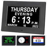 FEYBYLA Alarm Clock with Day and Date for Elderly 3Displays 7inch Digital Calendar Day Clock Photo Frame- Auto Dimmable Display 8 Alarm Options, Day Clock with Non-Abbreviated Day & Month