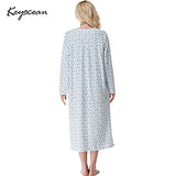 Keyocean Nightgowns for Women with Pockets, All Cotton Soft Lightweight Long Sleeve Ladies Sleepwear for Elderly, Green Floral, X-Large