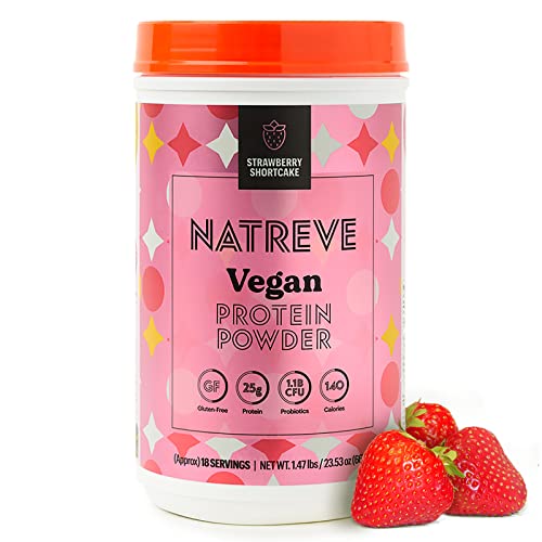 Natreve Vegan Protein Powder - 25g Plant Based Protein Powder with Probiotics and Amino Acids - Gluten Free Strawberry Shortcake, 18 Servings