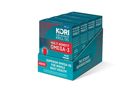 Kori Krill Oil Omega-3 600mg, 112 Softgels | Multi-Benefit Omega-3 Supplement | Superior Omega-3 Absorption vs Fish Oil and No Fishy Burps (Pack of 4)