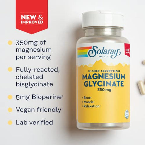 Solaray Magnesium Glycinate, New & Improved Fully Chelated Bisglycinate with BioPerine, High Absorption Formula, Stress, Bones, Muscle & Relaxation Support, 60 Day Guarantee, 60 Servings, 240 VegCaps