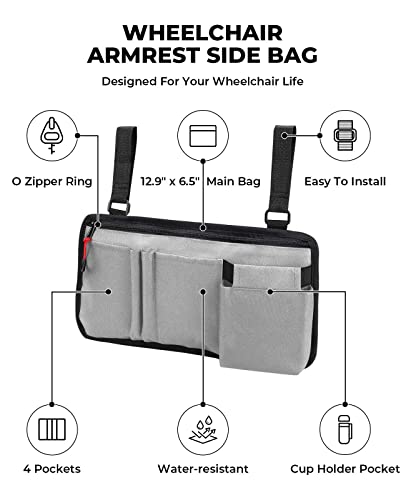 ISSYZONE Wheelchair Side Bag, Walker Pouch Bag with Cup Holder, Wheelchair Armrest Accessories for Walker, Rollator, Electric Scooter Wheelchairs, Ideal Gift for Mother's Day & Father's Day (Grey)