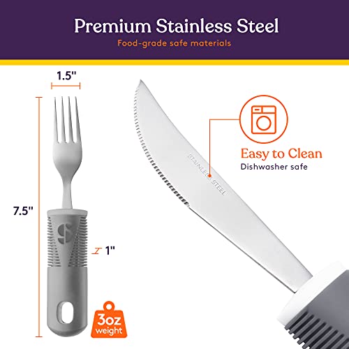 Special Supplies Adaptive Utensils (5-Piece Kitchen Set) Wide, Non-Weighted, Non-Slip Handles for Hand Tremors, Arthritis, Parkinson’s or Elderly Use - Stainless Steel (Grey)