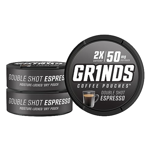 Grinds Coffee Pouches | 3 Cans of Double Shot Espresso | 18 Pouches Per Can | 2x Caffeine 1 Pouch eq. 1/2 Cup of Coffee