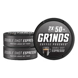 Grinds Coffee Pouches | 3 Cans of Double Shot Espresso | 18 Pouches Per Can | 2x Caffeine 1 Pouch eq. 1/2 Cup of Coffee