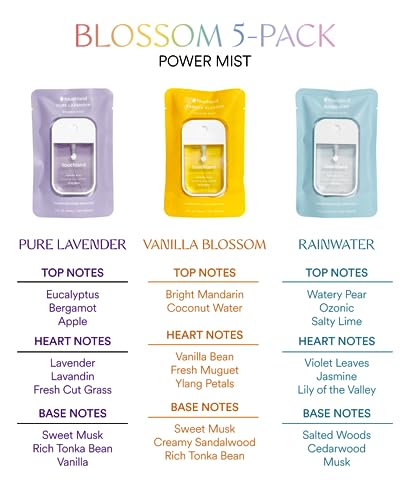 Touchland Power Mist Hydrating Hand Sanitizer Spray, BLOSSOM 5-PACK (Lavender, Vanilla, Rainwater, Peach, Applelicious), 500-Sprays each, 1FL OZ (Set of 5)