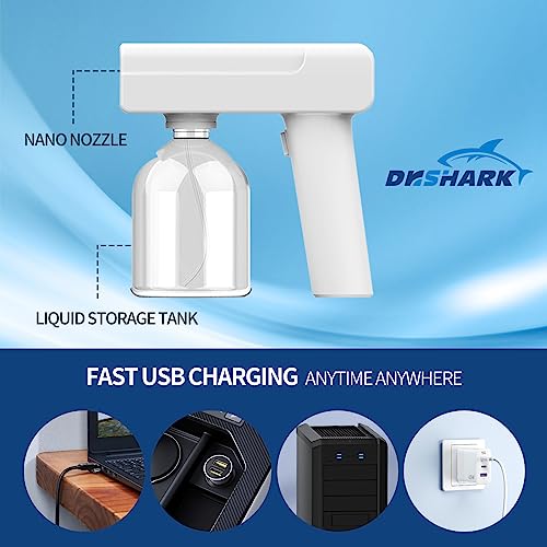 DrShark Professional Sprayer Fogger Machine Electrostatic ULV Atomizer & Cordless Handheld Nano Steam Gun – Rechargeable Spray Gun with Blue Light for Touchless Spray