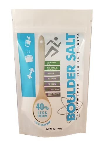 Boulder Salt - Low Sodium Salt - Unflavored Salt for Cramps, High Blood Pressure and POTS - Good on Food or in Water. 113 Servings.